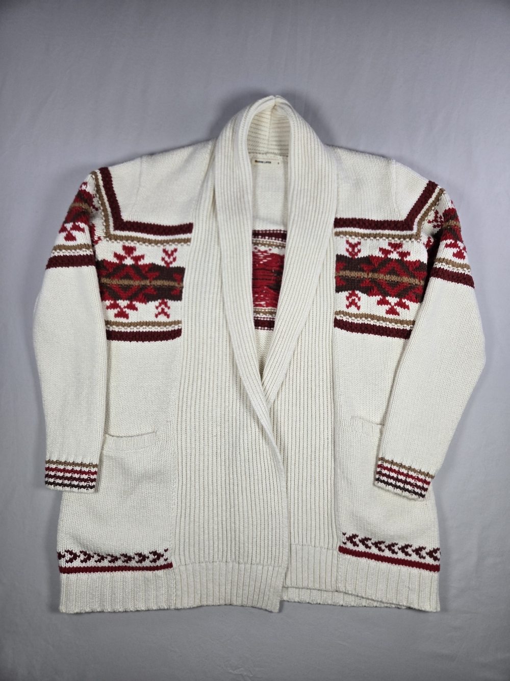 Marine Layer Brooklyn Shawl Collar Cardigan Sweater Cream Red Nortic Fwir Isle S